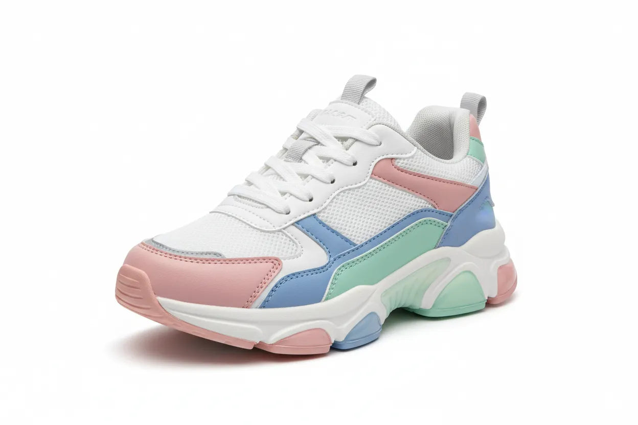 Zapatillas chunky de mujer blancas con detalles en colores pastel rosa, azul y verde menta