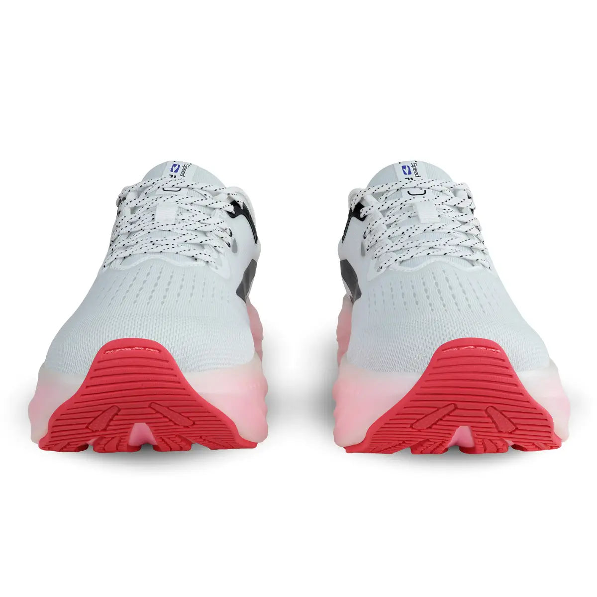 Vista frontal zapatillas mujer gris y rojo malla transpirable y punta reforzada