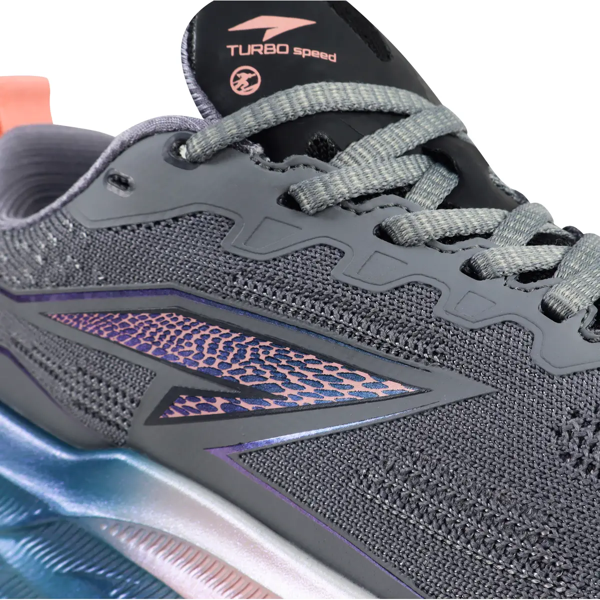 Detalle malla técnica y logo iridiscente zapatillas deportivas mujer RS Performance Turbo Speed