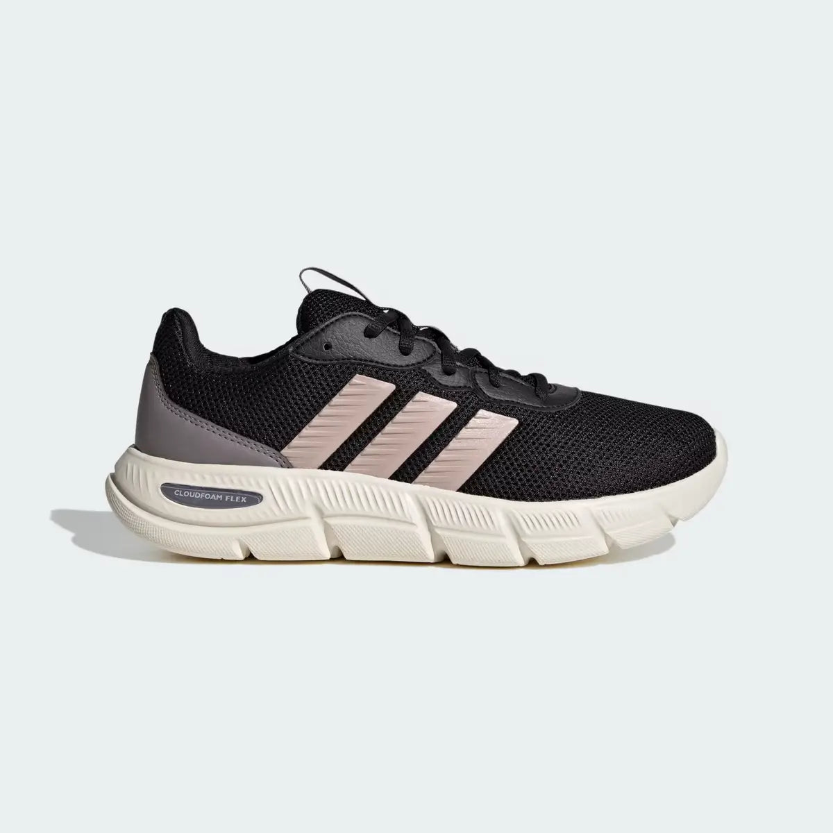 Perfil lateral externo de zapatillas casuales mujer Adidas Cloudfoam Flex en color negro con franjas rosa