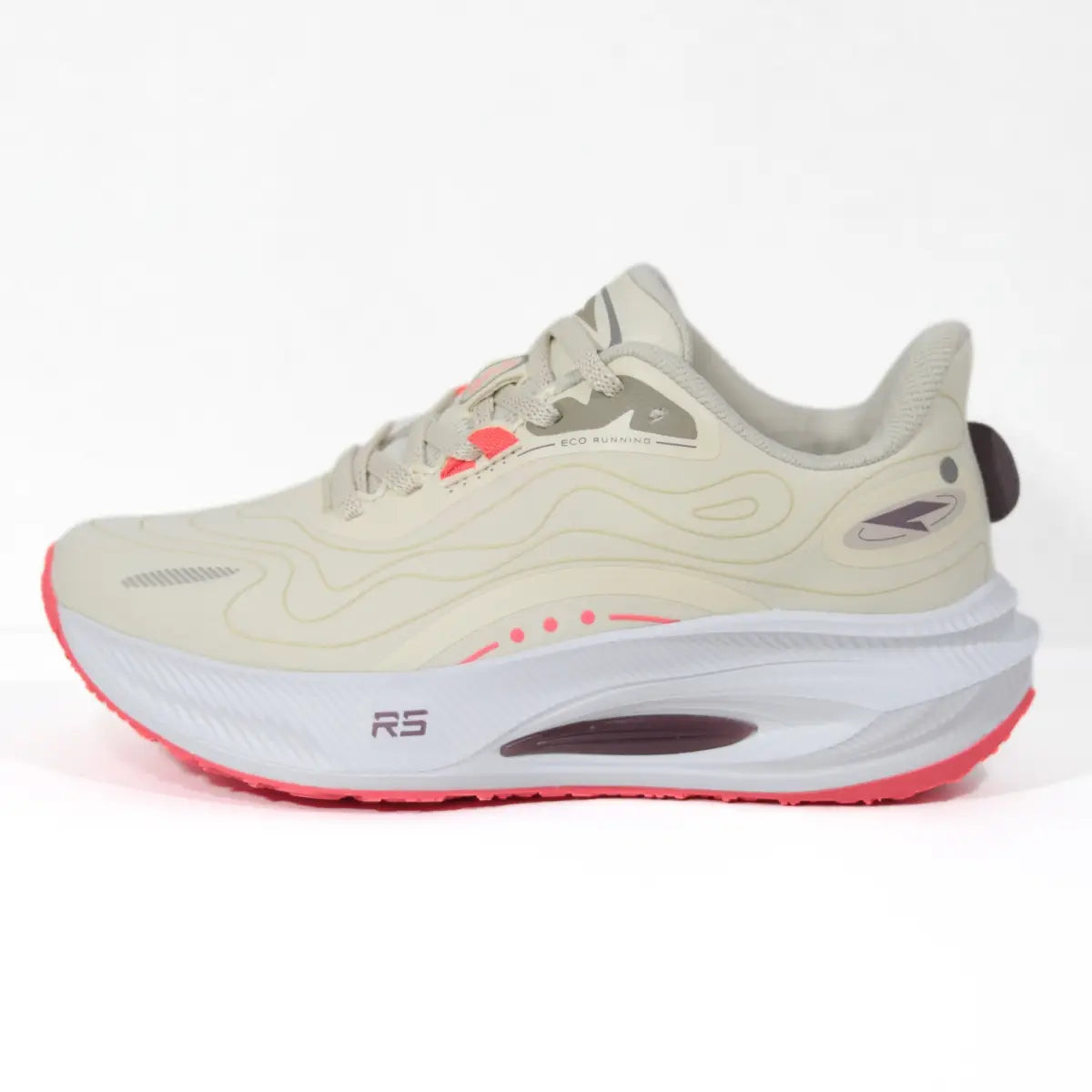 Perfil lateral externo de zapatillas mujer RS Performance Eco Women color beige con suela y detalles en rojo
