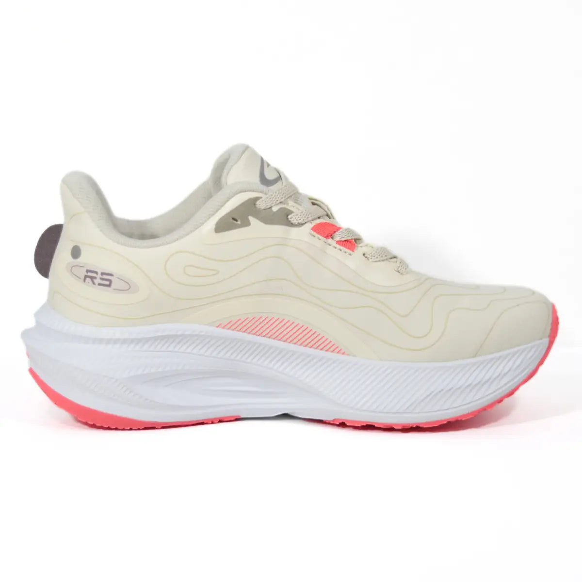 Vista lateral interna de zapatillas urbanas mujer RS Performance Eco Women en beige y rojo