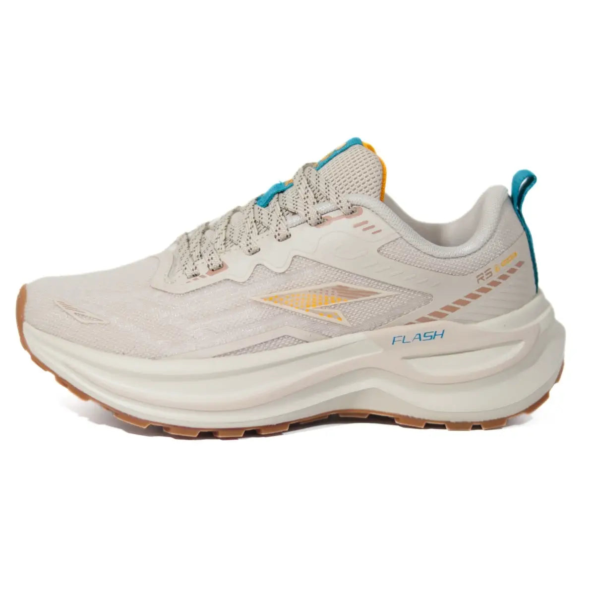 Perfil lateral externo de zapatillas mujer RS Performance Flash beige con detalles turquesa y suela gum