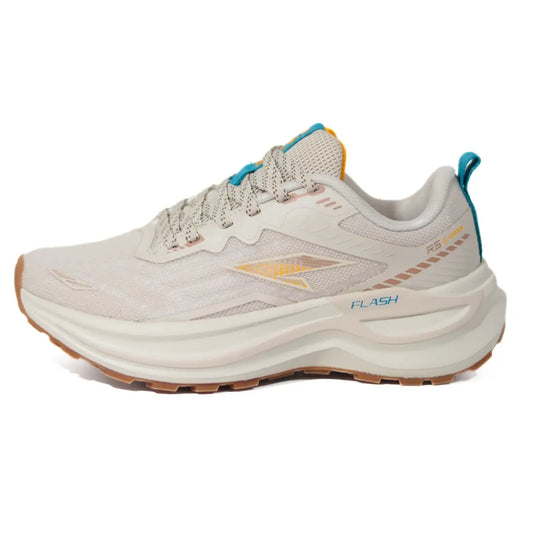 Perfil lateral externo de zapatillas mujer RS Performance Flash beige con detalles turquesa y suela gum