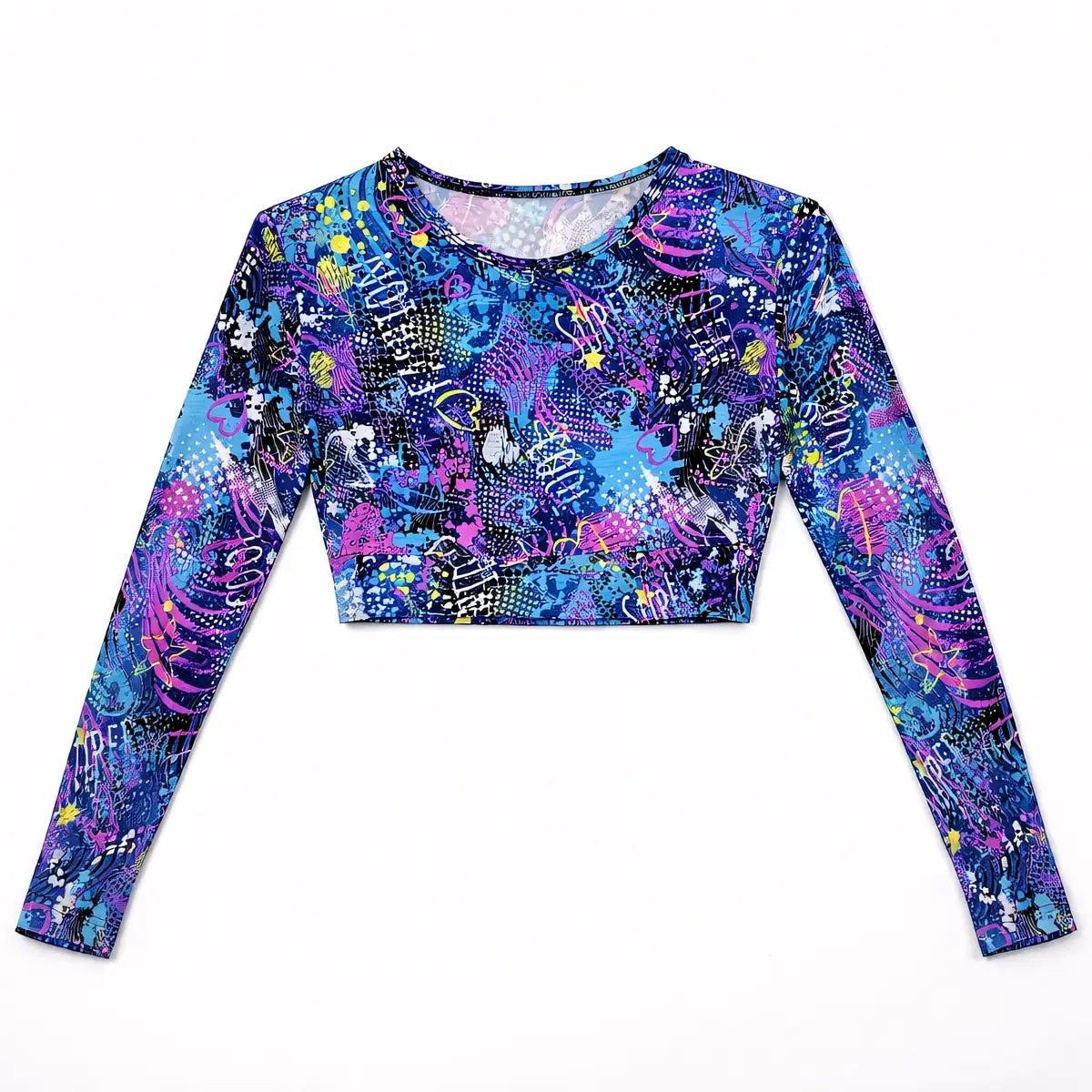 Crop top deportivo manga larga estampado graffiti urbano morado y azul mujer