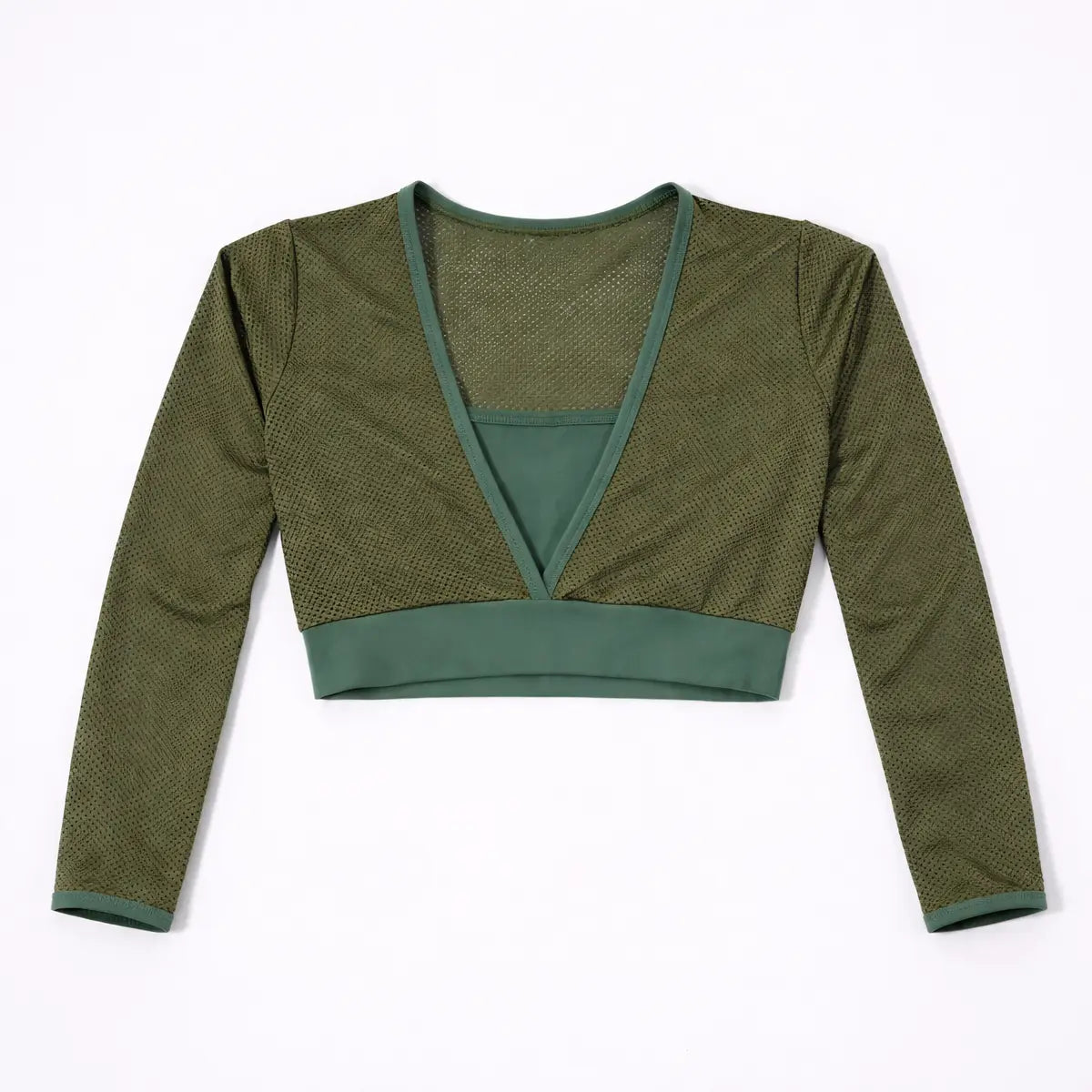 Crop top deportivo malla verde militar manga larga con escote en V y banda elástica