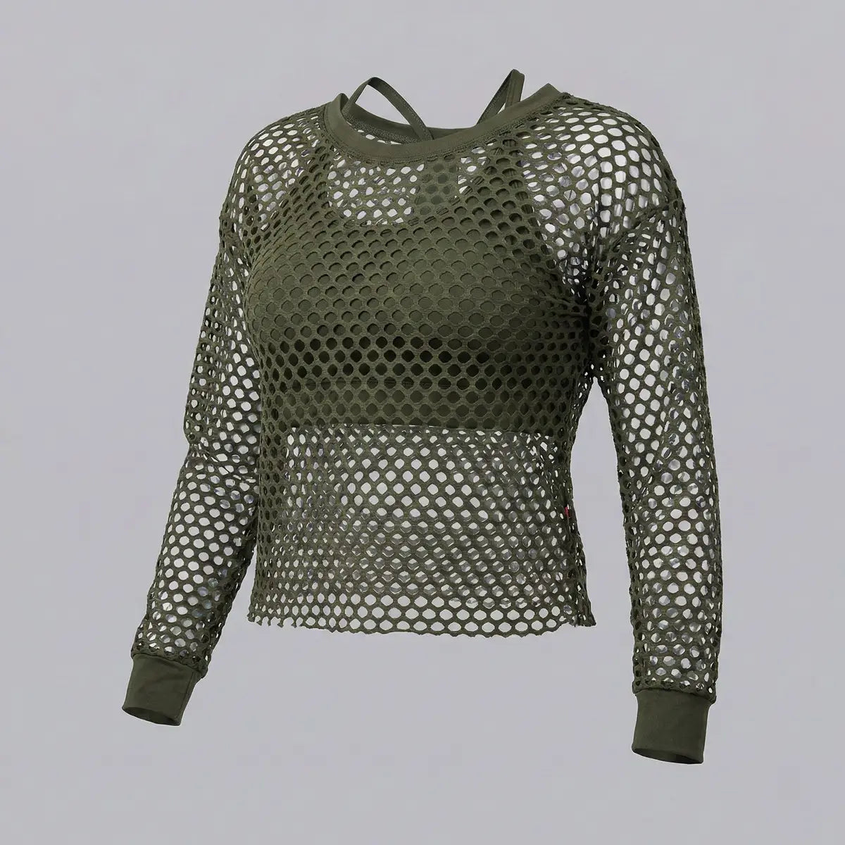 Crop top deportivo malla verde militar manga larga tejido red mujer Panamá