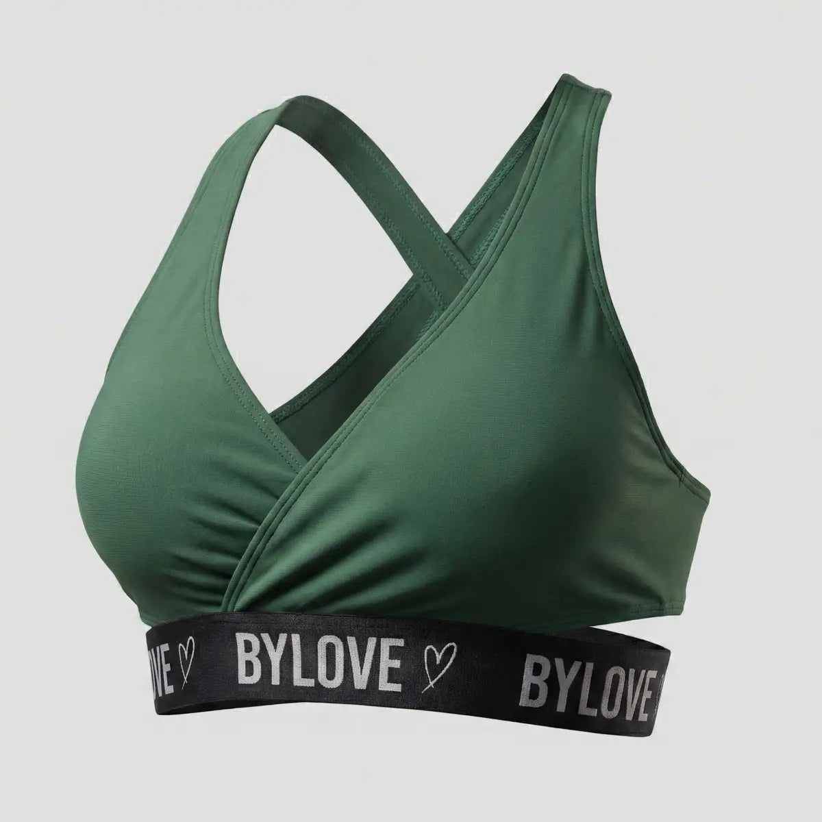 Top deportivo BYLOVE verde militar escote cruzado en V y banda elástica