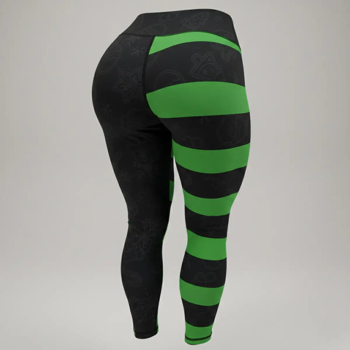 Vista trasera leggings navidad rayas duende verde y negro cintura alta