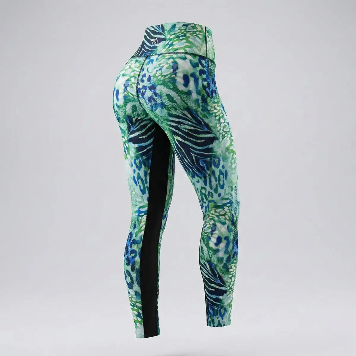 Vista trasera leggings animal print verde y azul marca BJX cintura alta