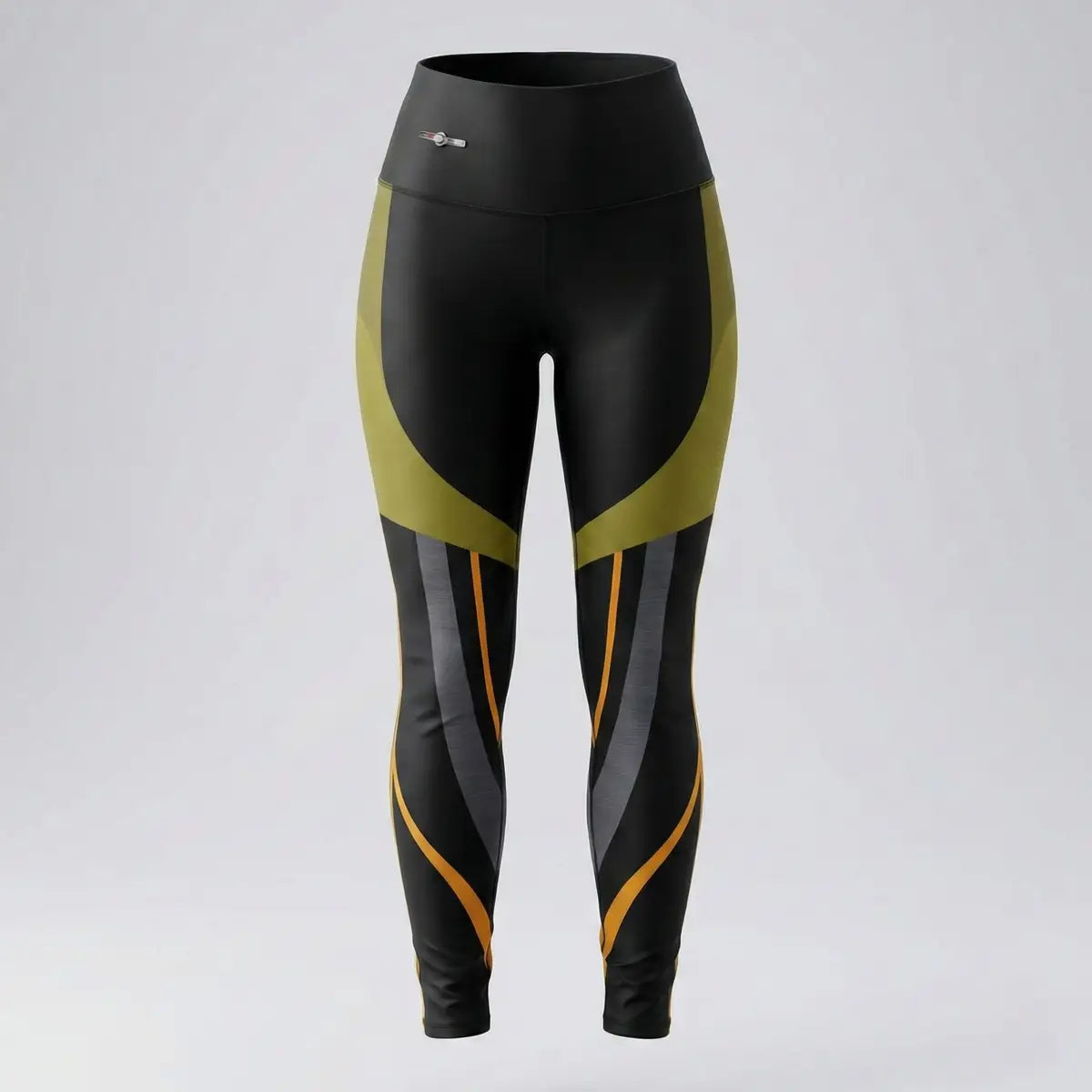 Leggings deportivos BJX negros con paneles curvos oliva y líneas naranja diseño futurista