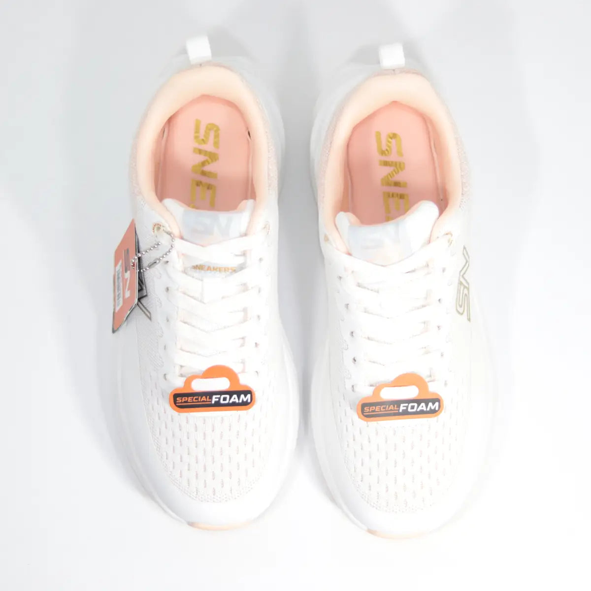 Vista superior interior zapatillas Coral White plantillas rosas con texto dorado y etiqueta Special Foam
