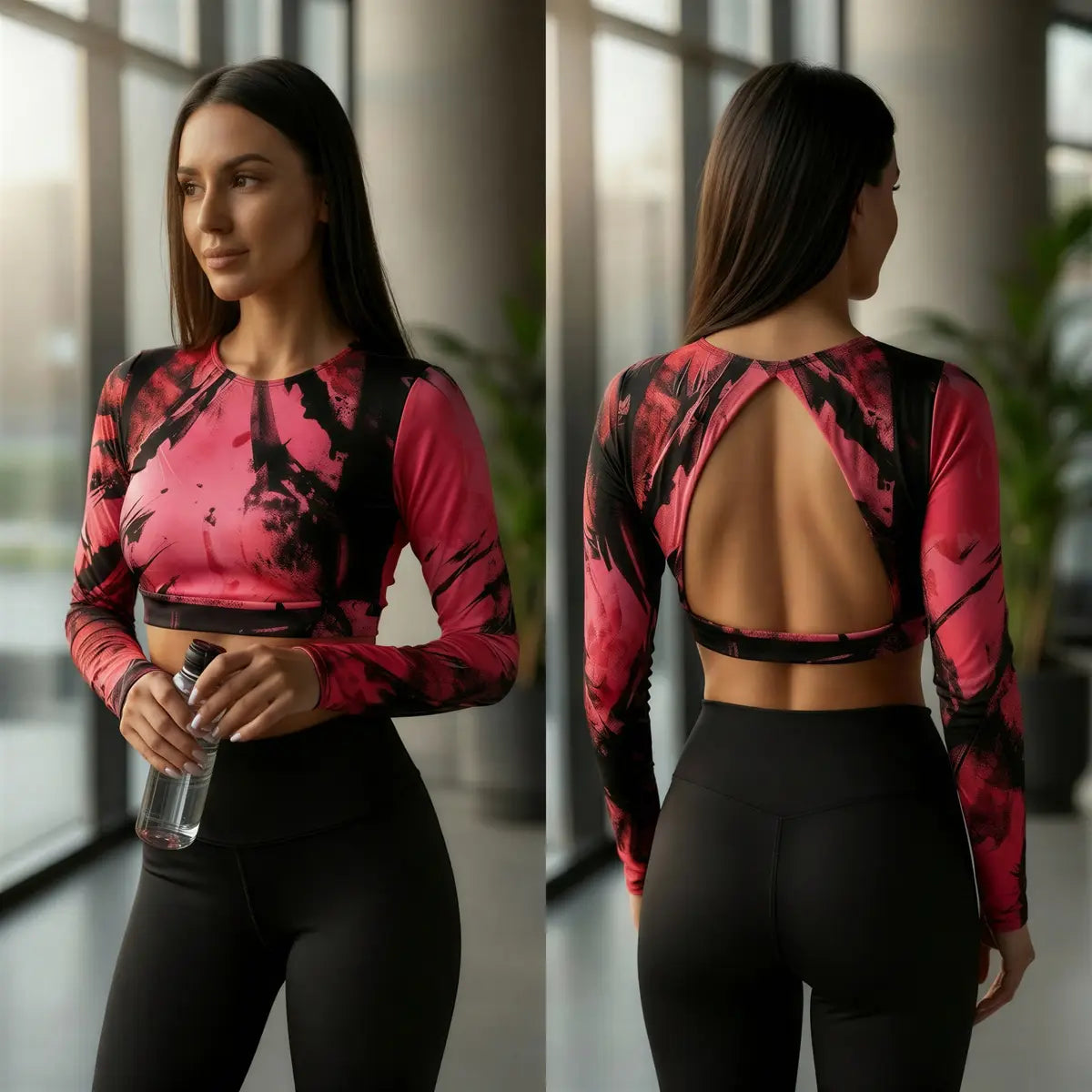 Mujer vistiendo crop top BJX fucsia con espalda descubierta estilo urbano fitness Panamá