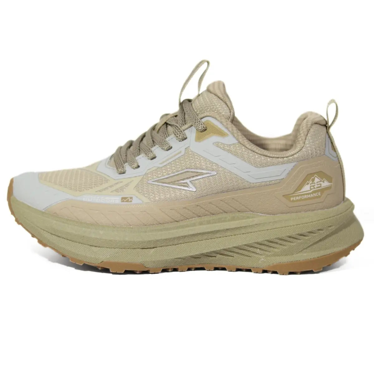 Perfil lateral externo de zapatillas outdoor hombre RS Performance Prisma beige y verde oliva con suela robusta