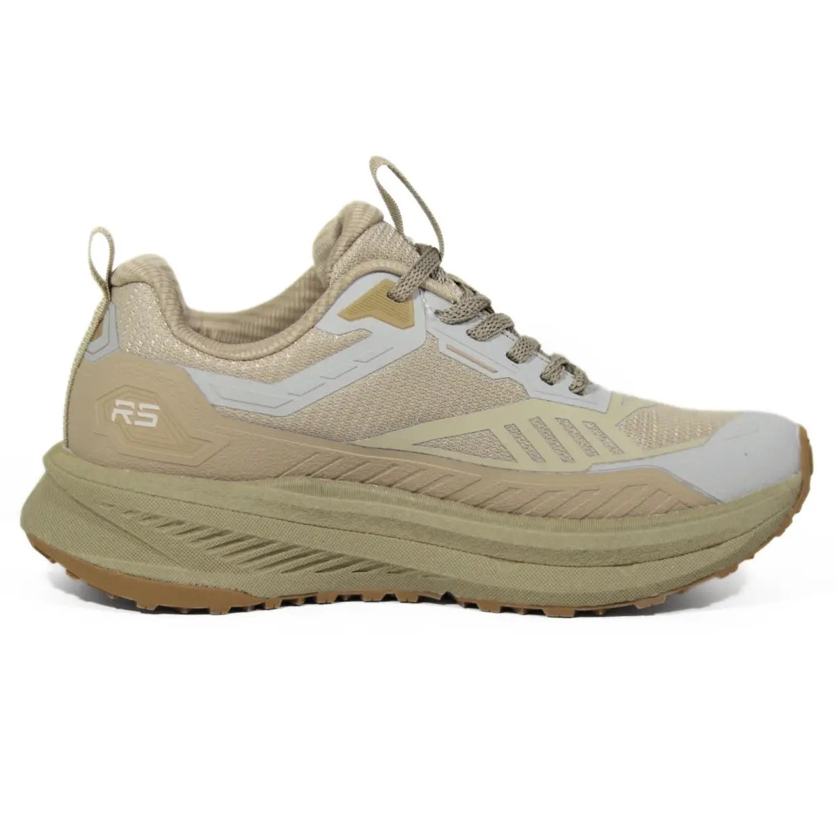 Vista lateral interna de zapatillas hiking hombre RS Performance Prisma en tonos beige y verde oliva