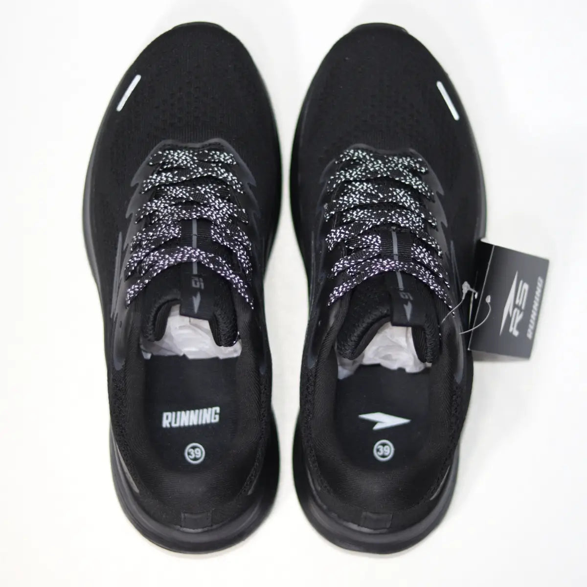 Vista superior de las zapatillas de running hombre RS Performance Protec Men con cordones jaspeados e inserción de plantilla con texto Running