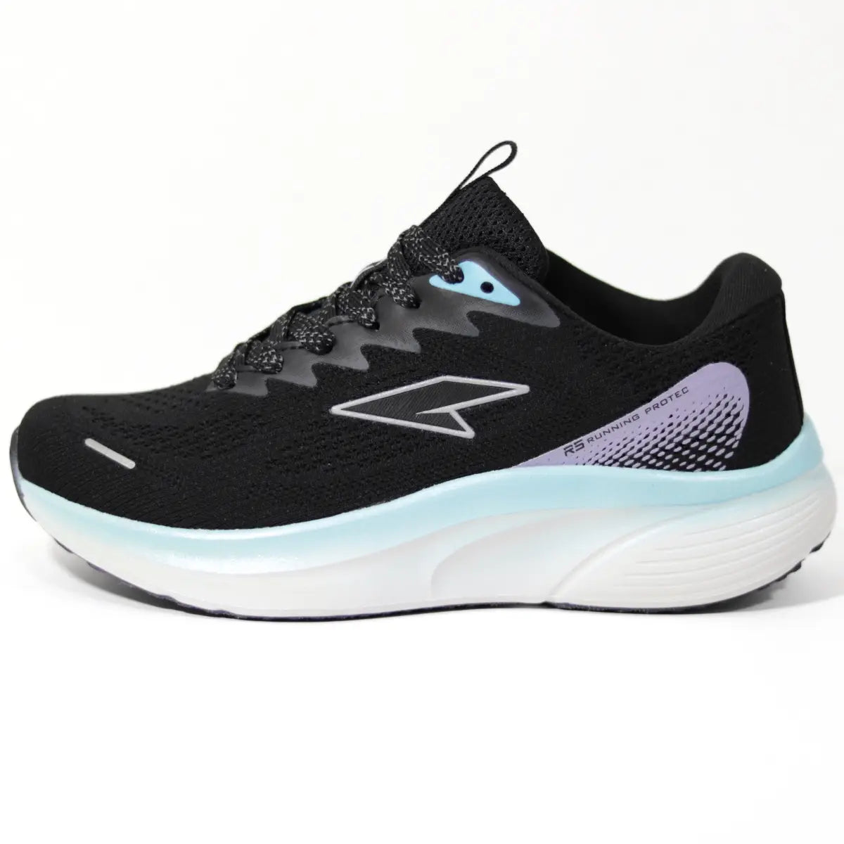 Zapatilla running mujer RS Performance Protec negra perfil lateral externo mediasuela azul claro y blanca