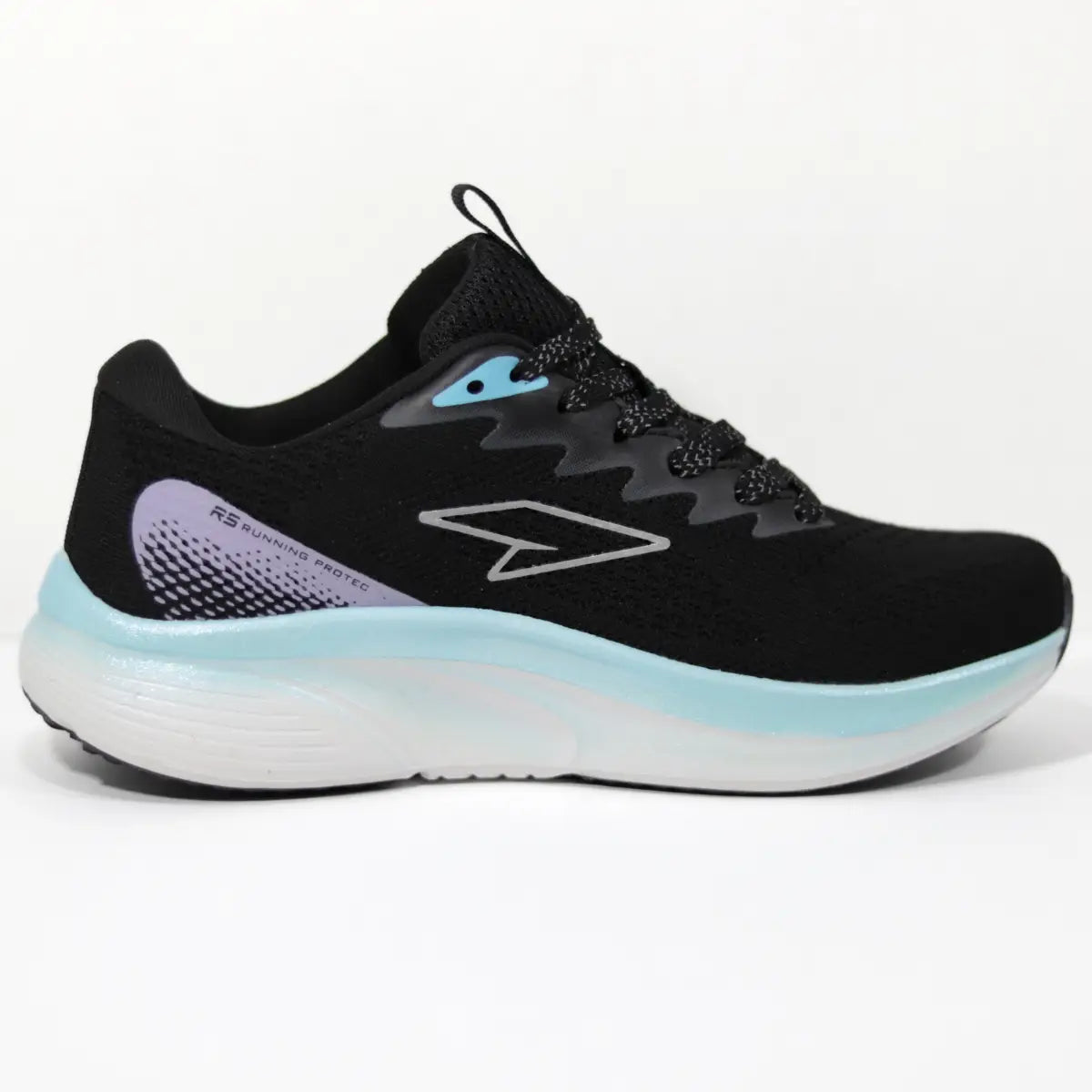 Vista lateral interna zapatilla RS Performance Protec mujer negra mostrando logo y amortiguación.