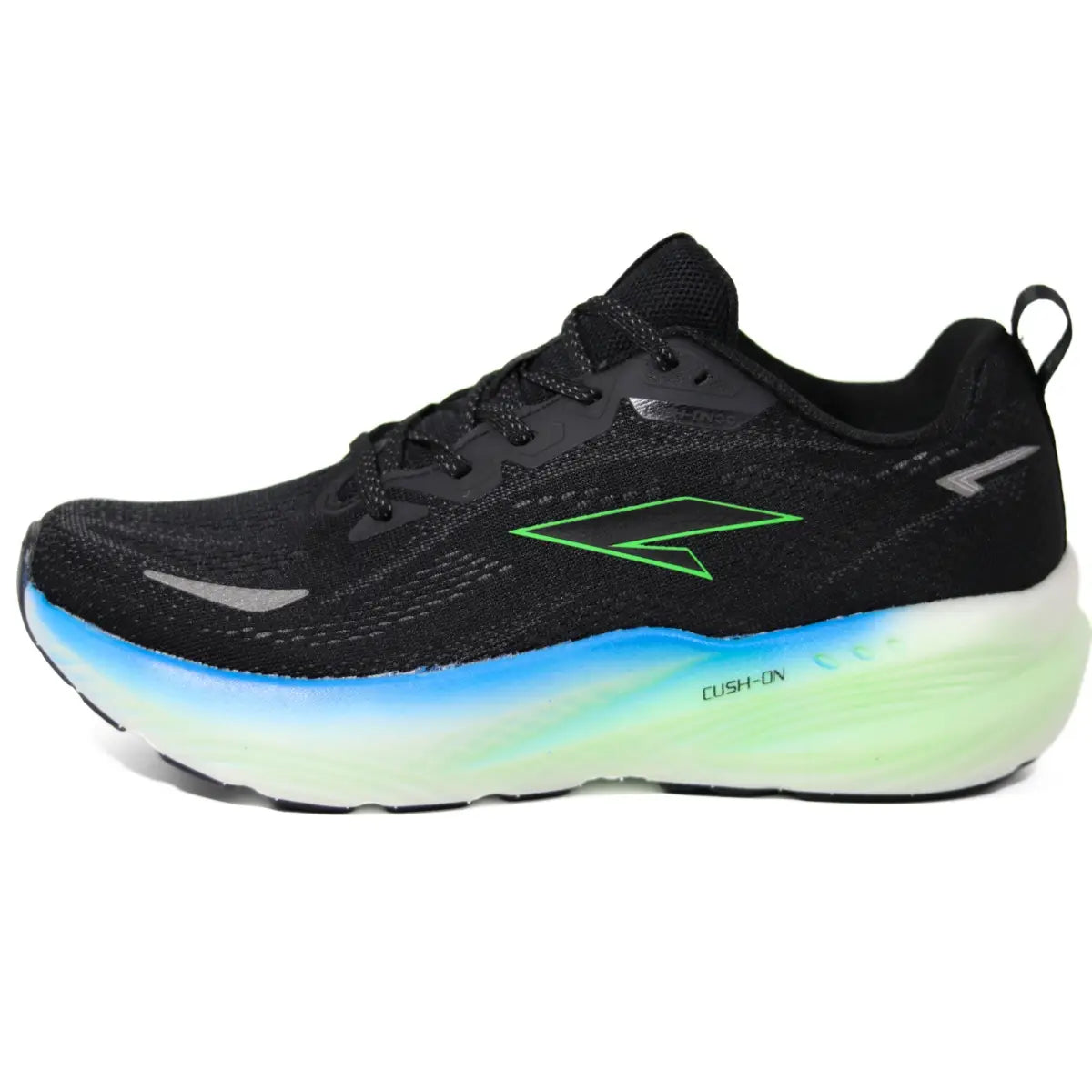 Perfil lateral externo de zapatillas running hombre RS Performance Shift negras con entresuela gruesa degradada en azul y verde neón