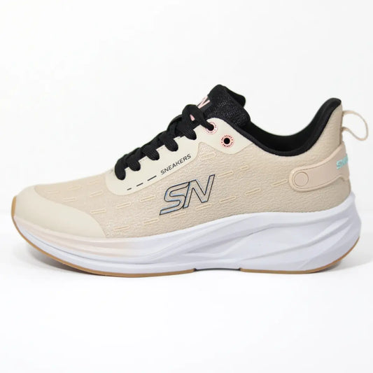 Perfil lateral externo de zapatillas mujer Sneakers Supply Mocca Caramel beige con suela blanca amortiguadora