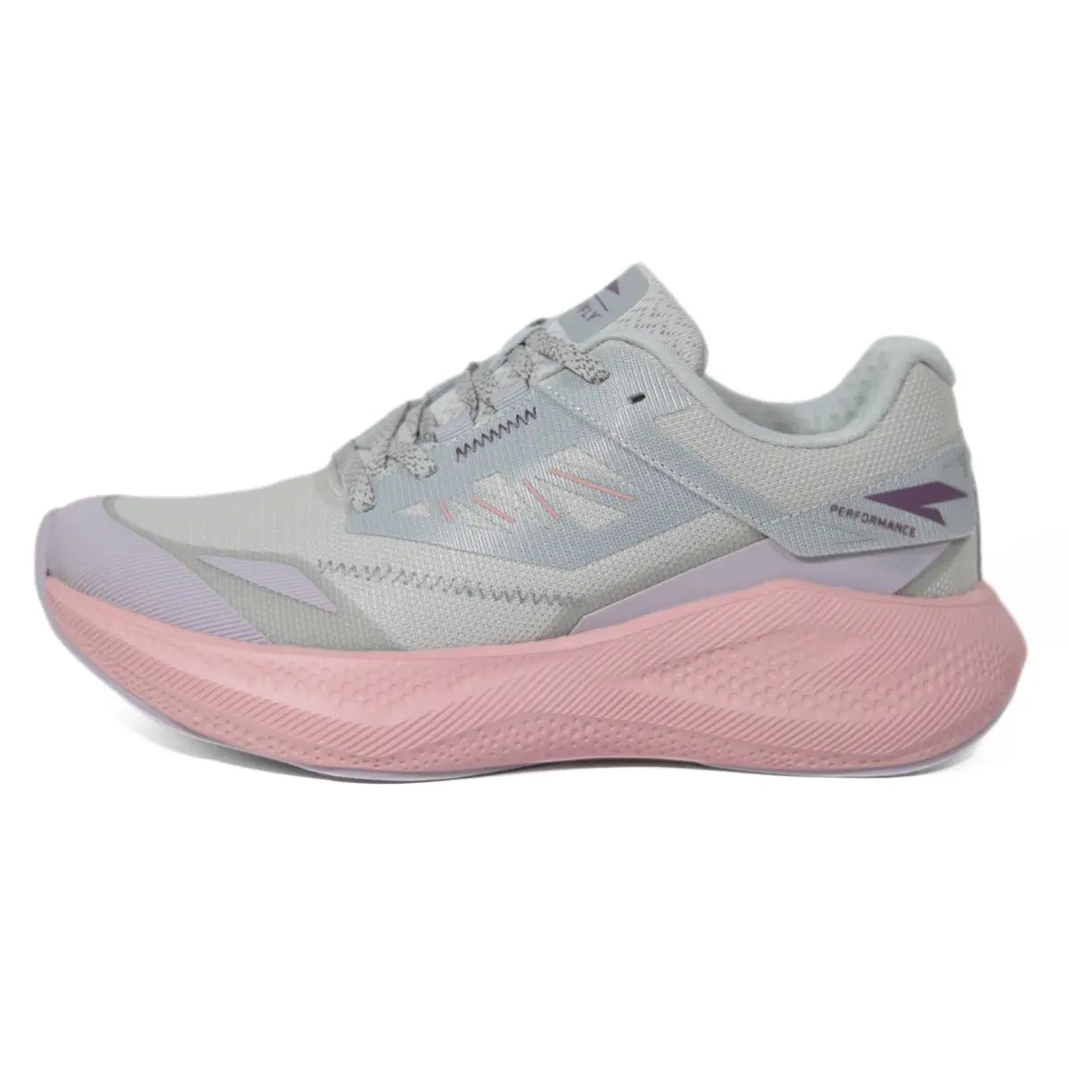 Perfil lateral externo de zapatillas mujer RS Performance Stellar gris claro con entresuela gruesa color rosa