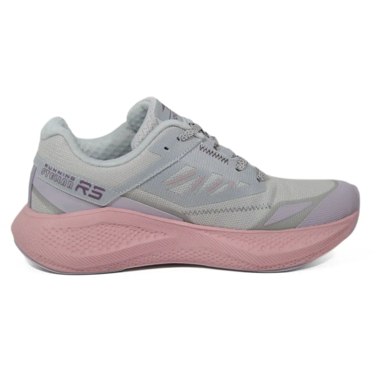 Vista lateral interna de zapatillas deportivas mujer RS Performance Stellar gris claro y rosa