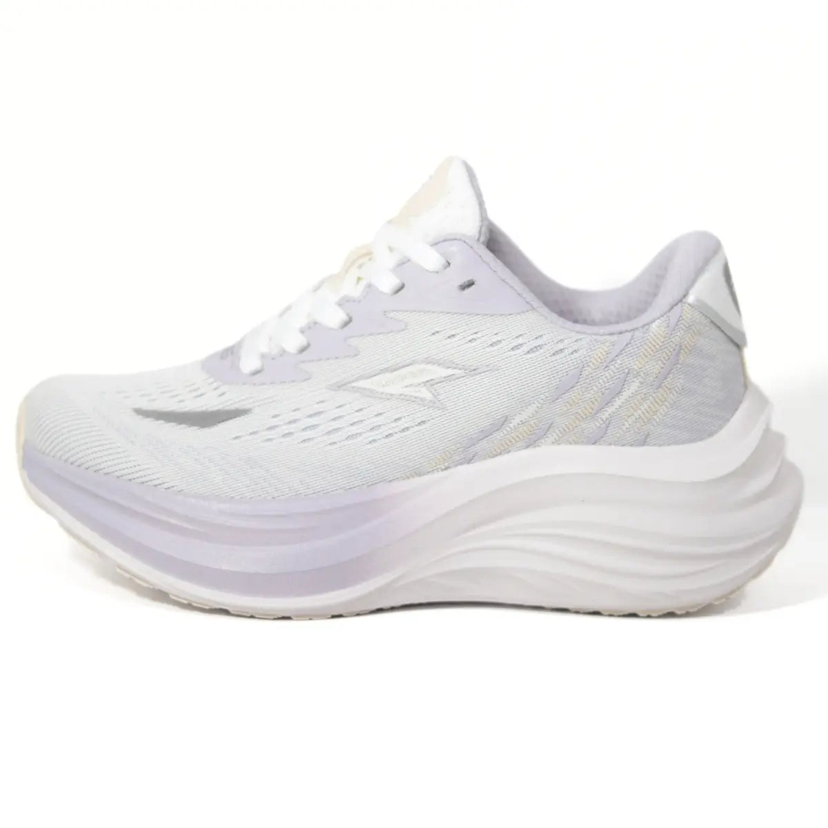 Zapatillas running mujer RS Performance Swift beige y lila perfil lateral externo entresuela gruesa amortiguada blanca