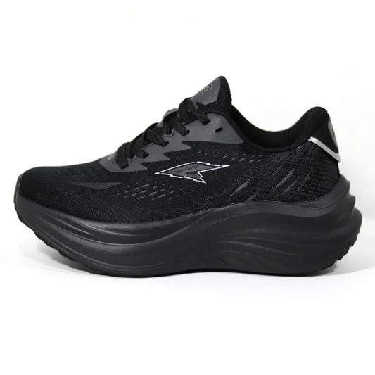 Perfil lateral externo de zapatillas mujer RS Performance Swift color negro con entresuela gruesa amortiguadora